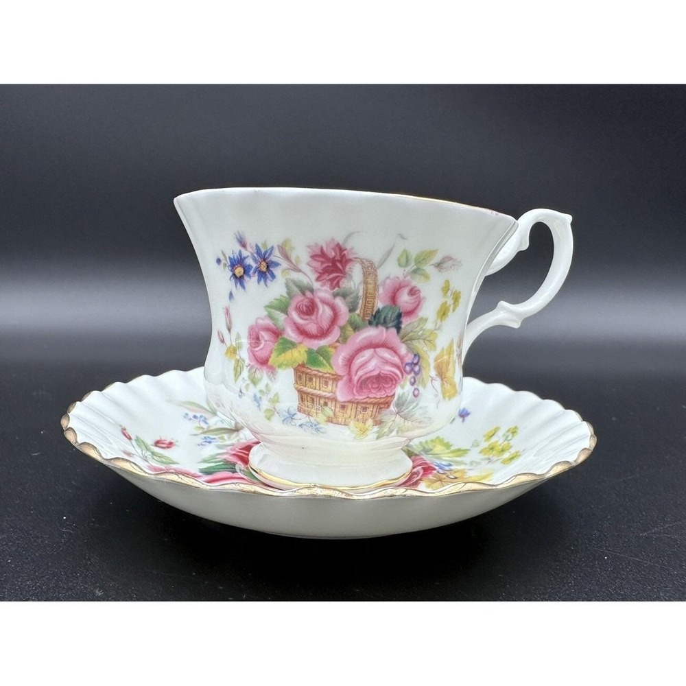 Royal Albert Bone China England Floral Basket Teacup and Saucer Set Gold Trim